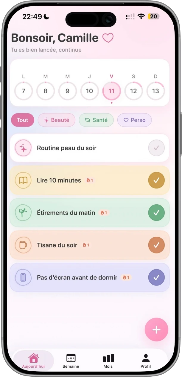Écran Aujourd'hui de Bloom Habits : habitudes du jour à cocher